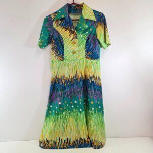 Vintage Handmade Green / Blue Grass Pattern Collared Short Sleeve Dress